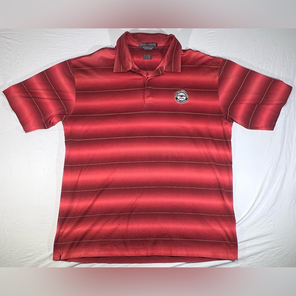 VTG Tiger Woods Polo Shirt Mens L Striped Red pga championship Baltusrol 2005